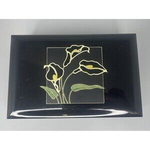 VTG Japanese Lacquer Musical Jewelry Box Gold Calla Lilies Play Theme Love Story